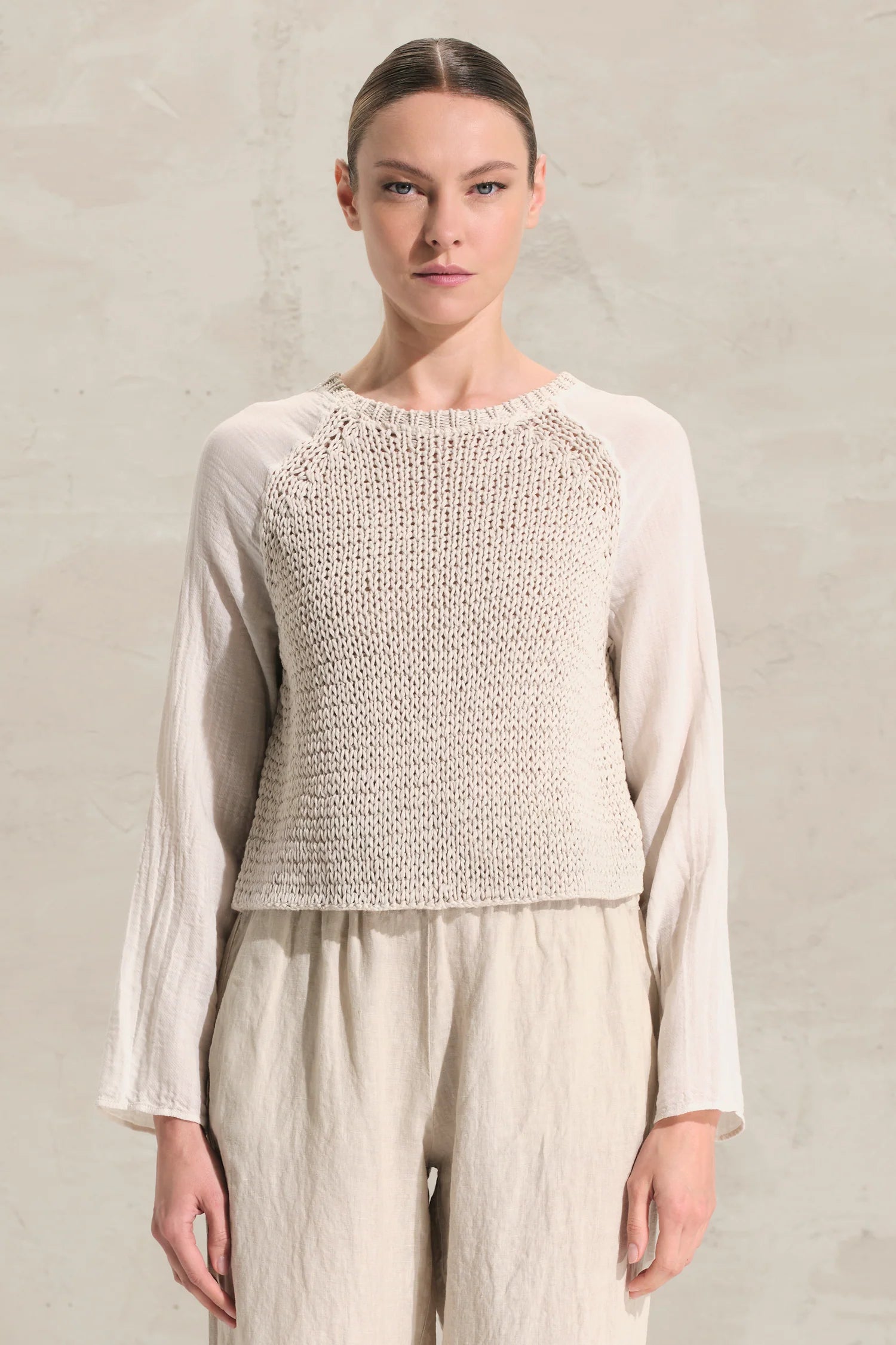 Cotton Ribbon Knit Muslin Sleeve Sweater - Sand by Transit Par-Such | 25 South Boutiques