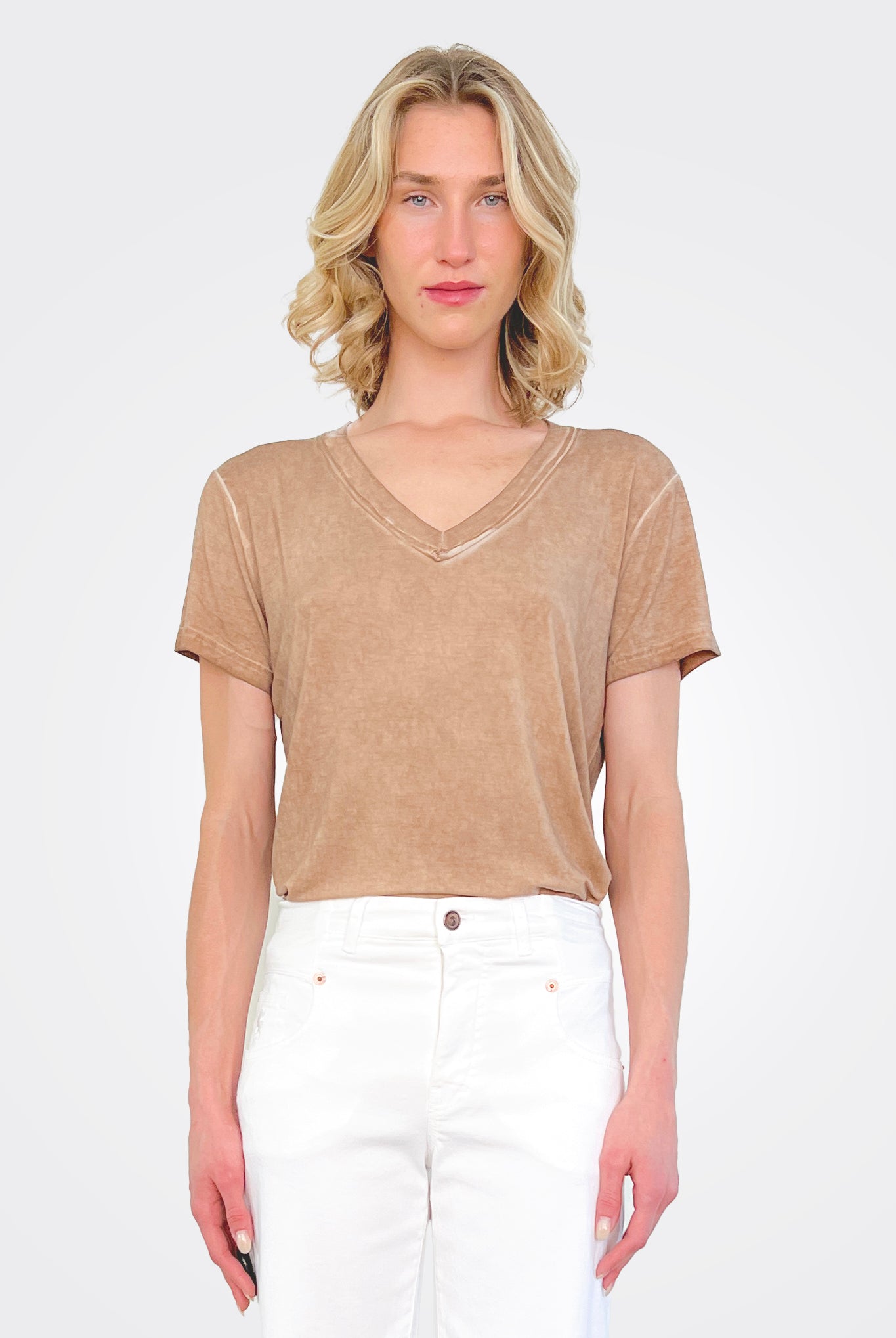 Tenna V Neck Shirt - Camel by Nu Denmark — alternate view