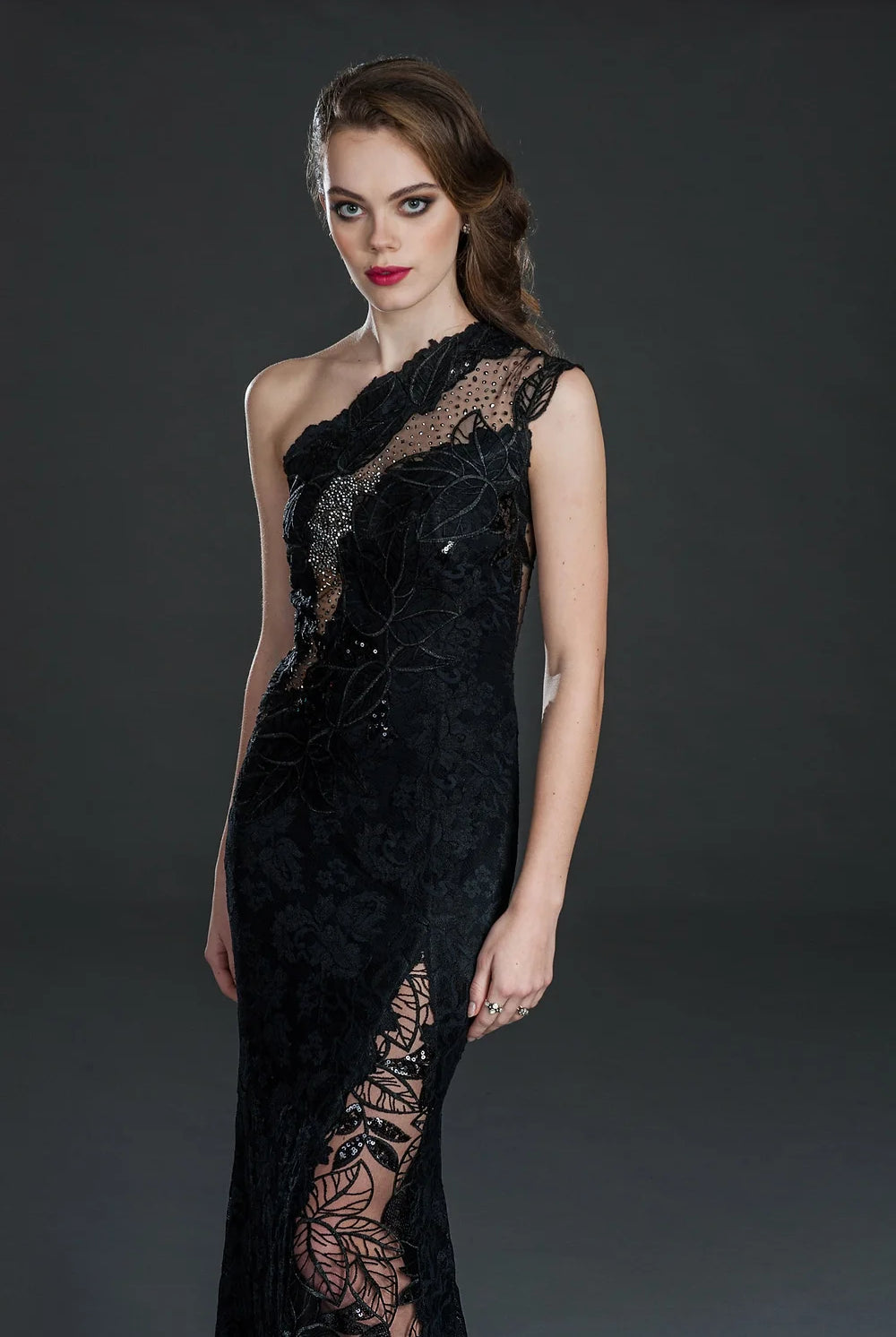Embellished One Shoulder Gown - Black by Olvi's — view 3