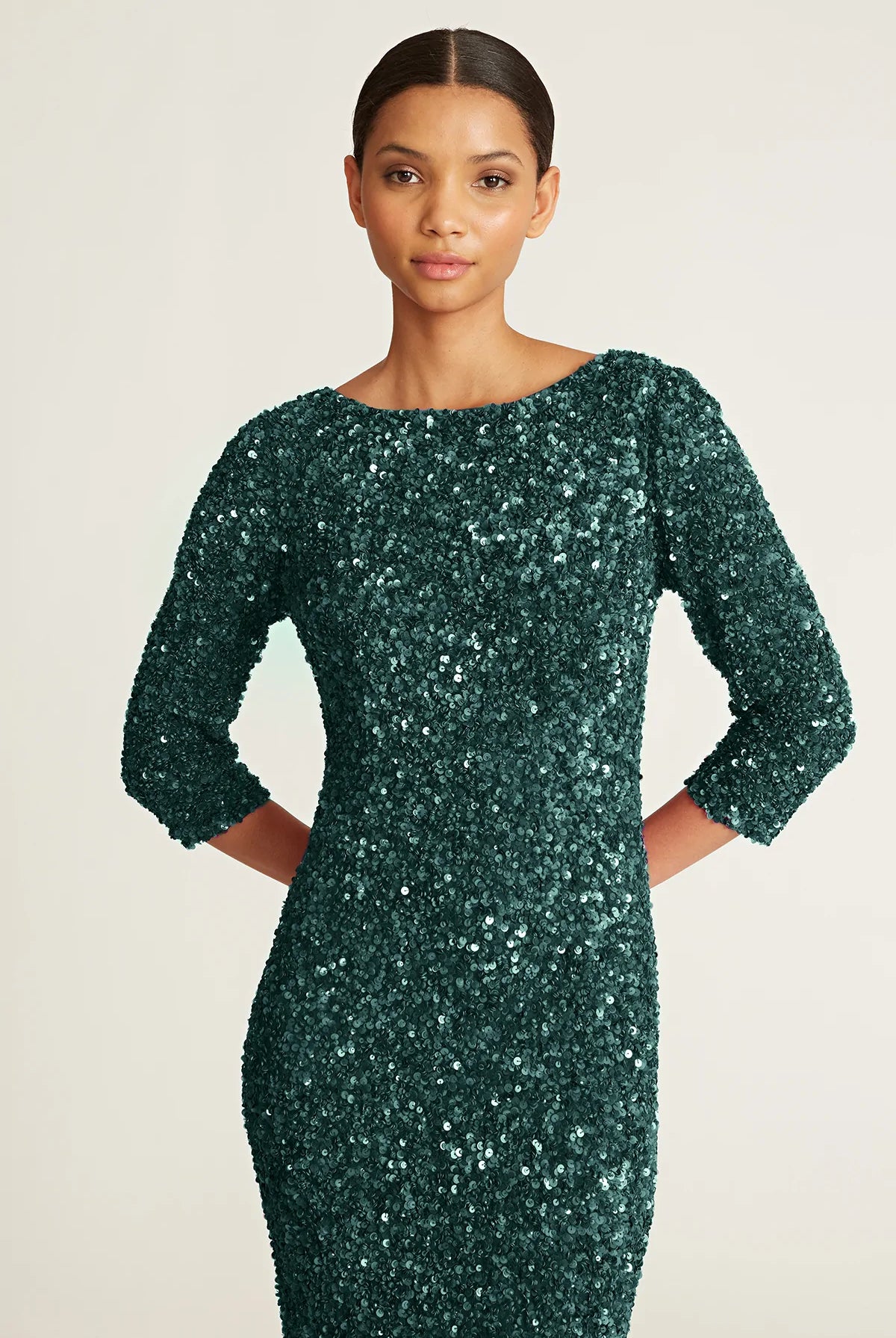 3/4 Sleeve Sequin Dress - Pine