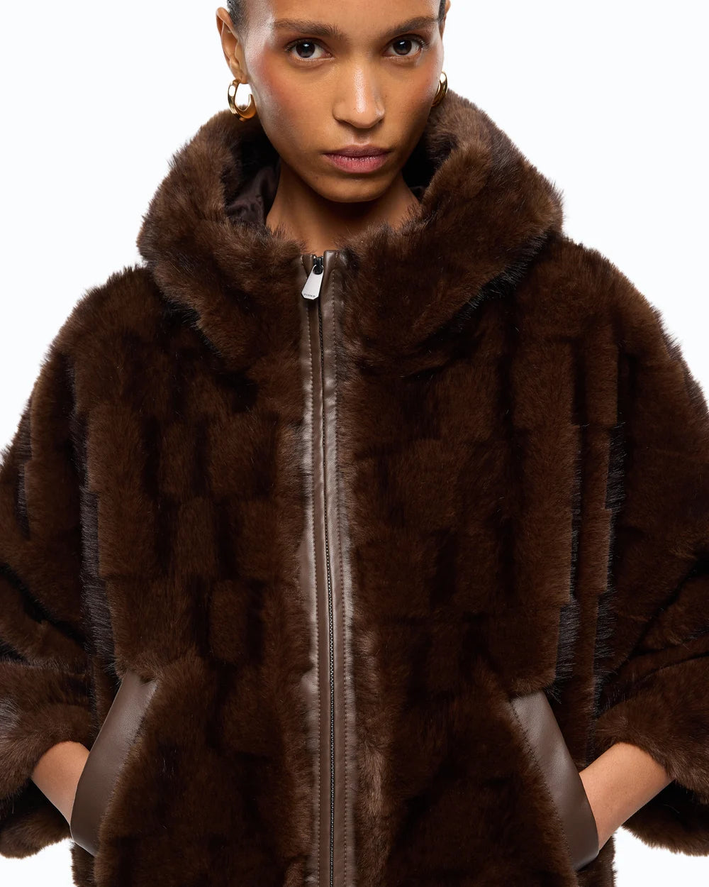 Cadetia Blouson Hooded Faur Fur Jacket - Brown by Pinko — view 3