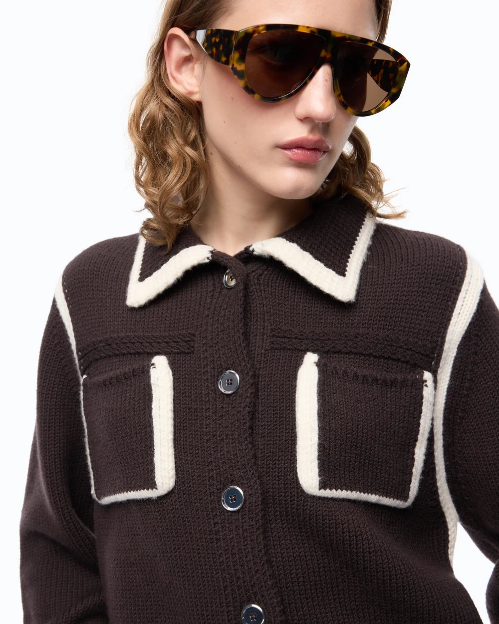 Sulcis Contrast Edge Merino Wool Jacket - Brown White by Pinko — view 3