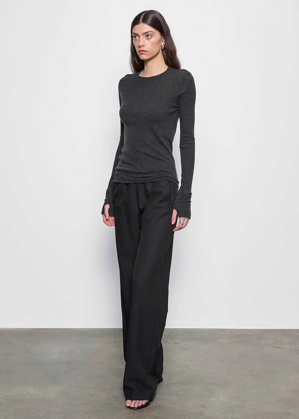 Cashmere Easy Cuffed Crew - Charcoal by Enza Costa — view 3