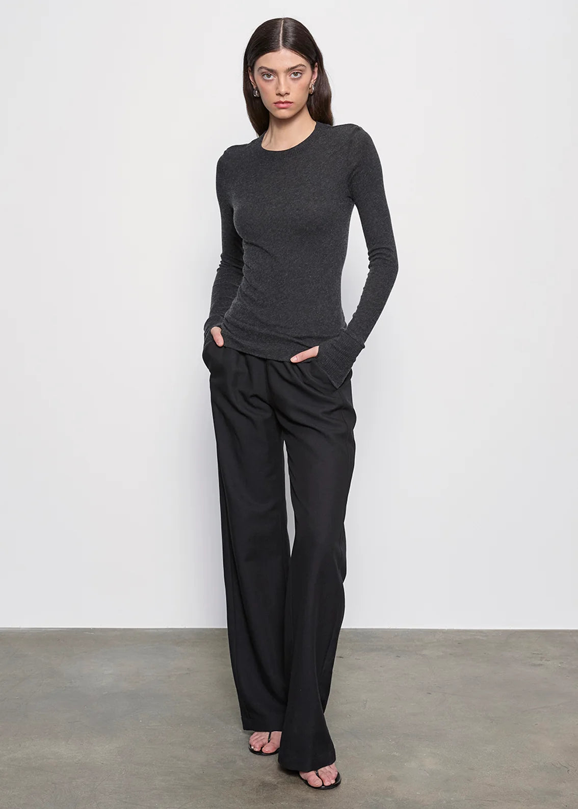 Cashmere Easy Cuffed Crew - Charcoal by Enza Costa — alternate view