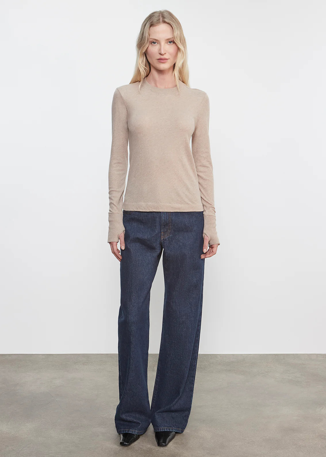 Cashmere Easy Cuffed Crew - Khaki by Enza Costa — alternate view