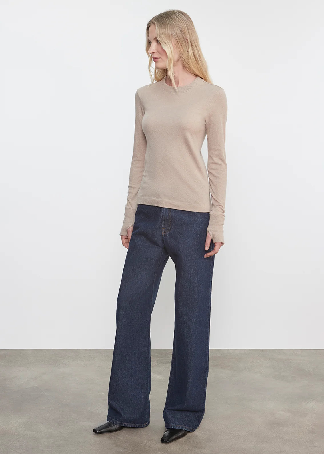 Cashmere Easy Cuffed Crew - Khaki by Enza Costa — view 3